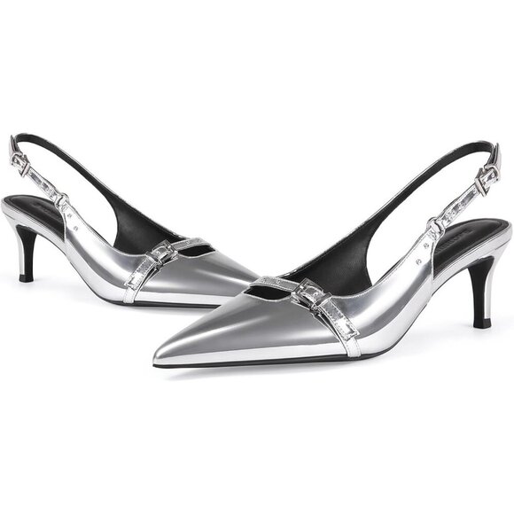 🆕Women Silver Sling Back Heels Pointed Slip On Pumps Closed Toe Kitten Heeled - Picture 1 of 6